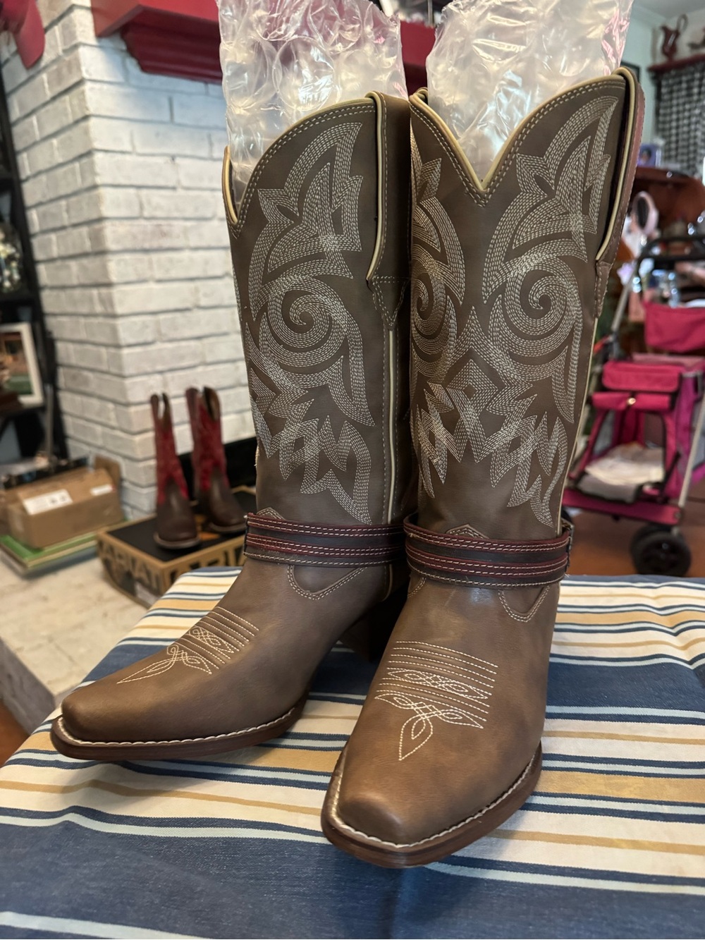 Durango Brown Cowboy Boots with Cream Embroidery and Red Accent